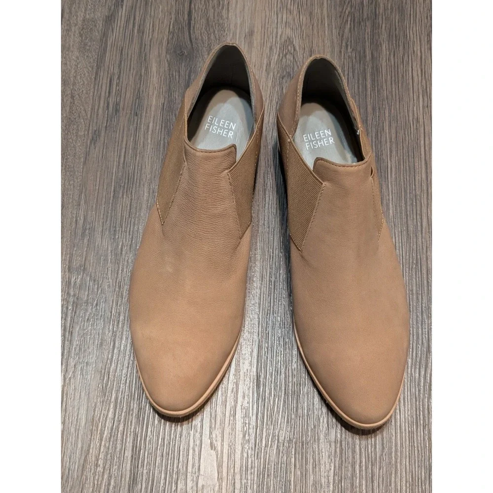 Eileen Fisher Perry Leather Ankle Booties Side Elastic‎ Heel Tan Size 8.5